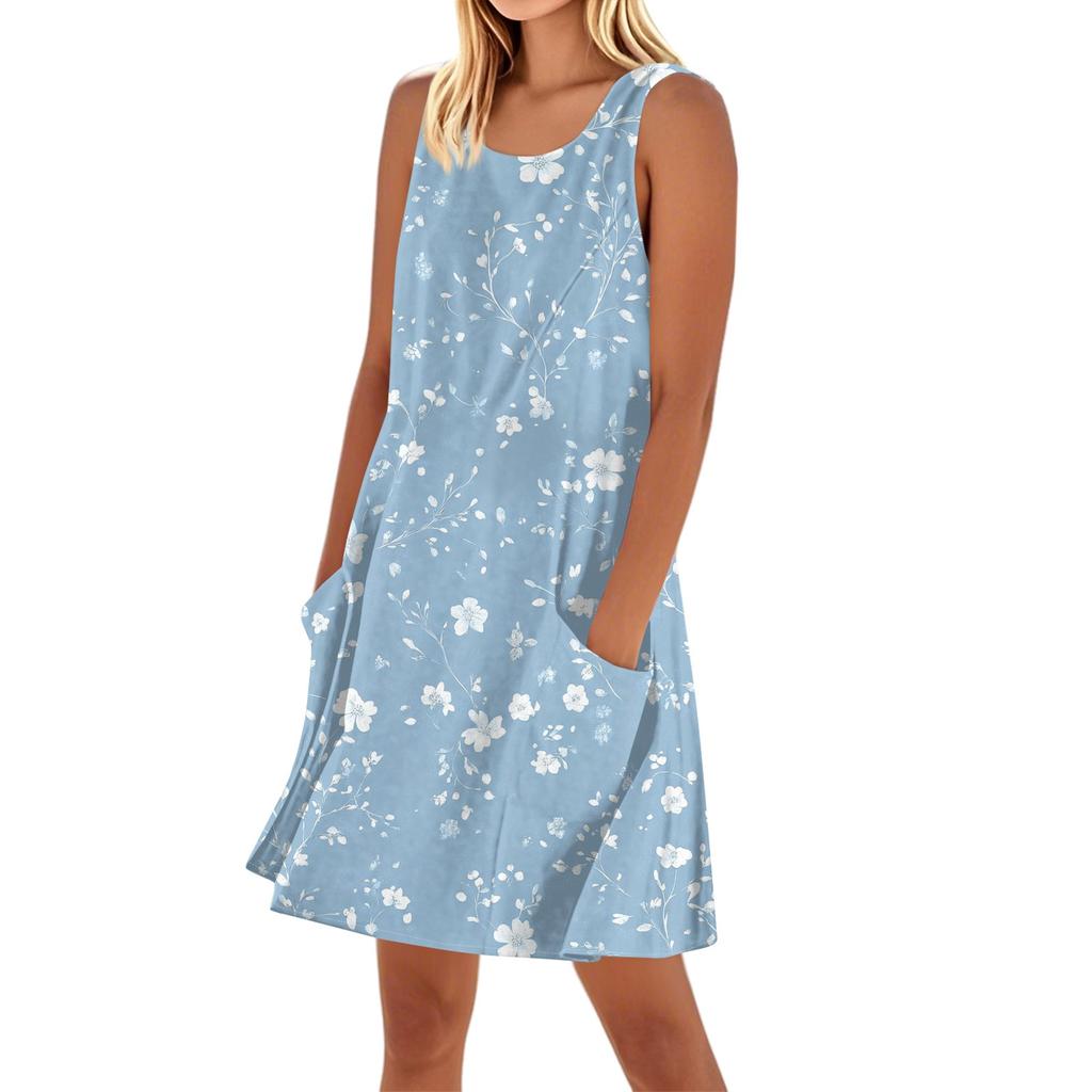 Женское повседневное и модное платье средней длины с круглым вырезом и без рукавов с принтом