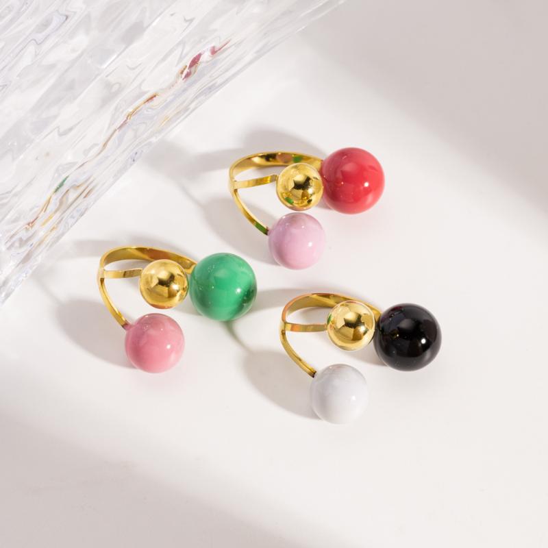 Geometric Spherical Stainless Steel Gold Plated Trendy Open Ring For Women Featuring Three Colorful Enamel Droplet-Shaped Rings