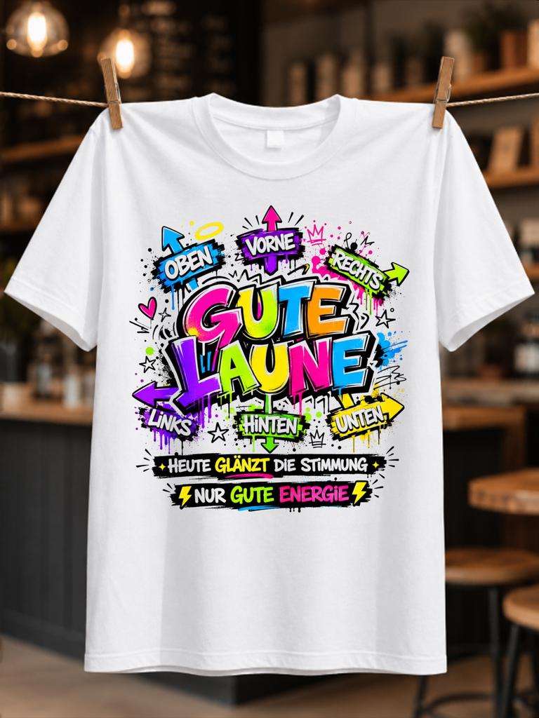 Gerunisex Gute Laune Glowing Graffiti Lettering With Heute Glanzt Die Stimmung Text Crown Arrows And Unisex All Tshirt