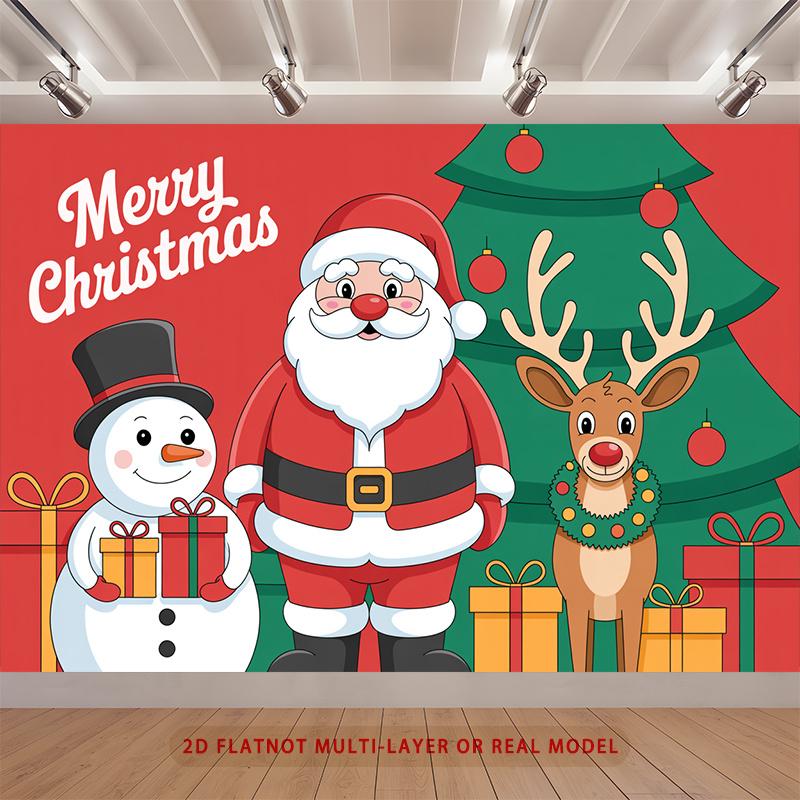 Party Backdrop Santa Claus New Year Christmas Flat Winter Santa Claus Snowman Reindeer Event Backdrop Decoration Front Door Decor