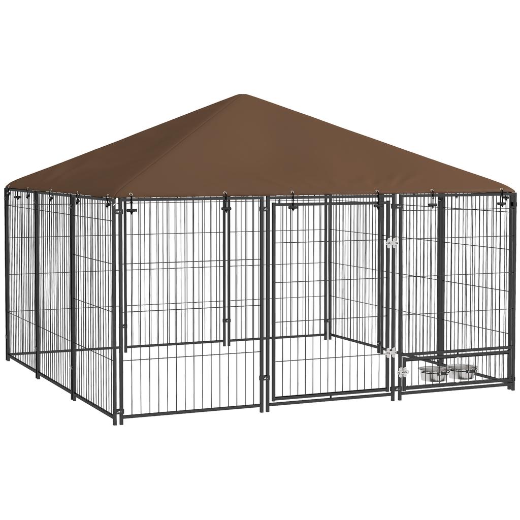 Metal and Oxford Fabric Dog Playpen with Bowl Door, 211x211x151 cm, Black and Brown