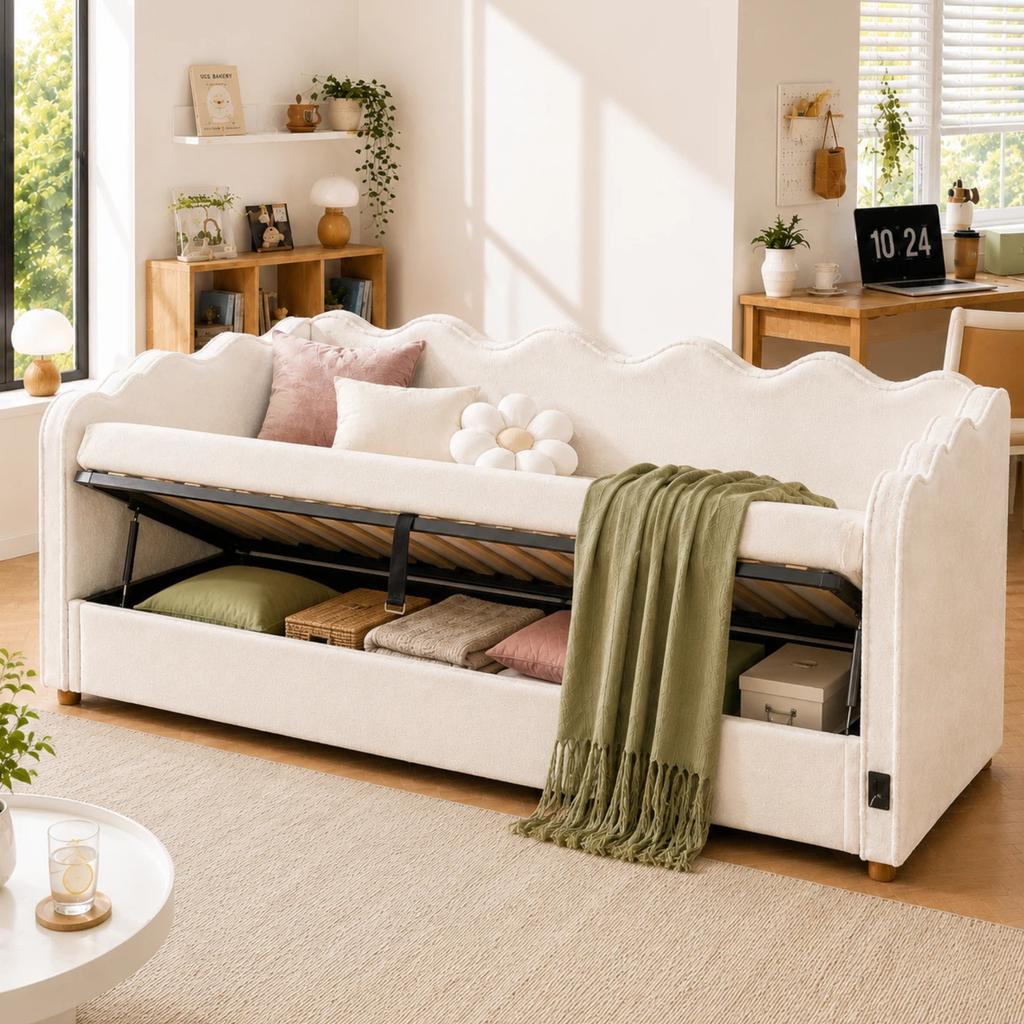 Daybed 90x200 cm with Hydraulic Storage, Upholstered Bed, Day Bed, Sofa Bed with USB & Backrest, Velvet, Beige