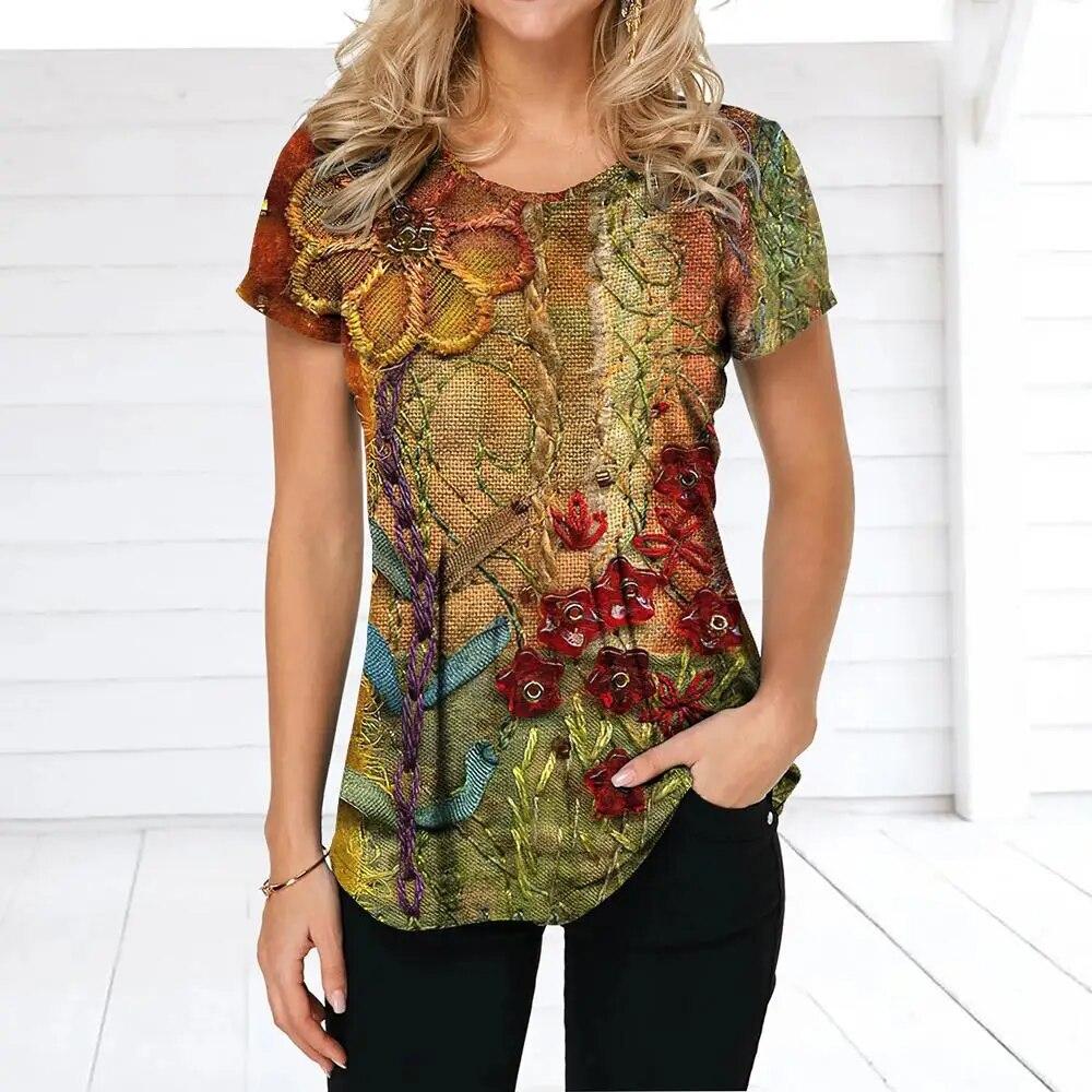 Летняя женская футболка в стиле ретро с цветочным принтом, повседневная повседневная футболка, обычный пуловер для женщин, женская одежда с коротким рукавом и круглым вырезом