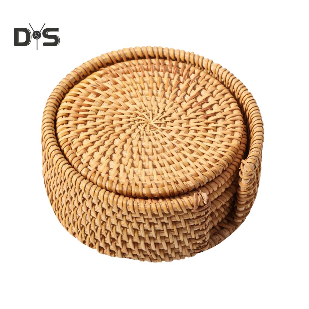 6Pcs/Set Drink Coasters Set Round Tableware Placemat Dish Mat Rattan Weave Pad