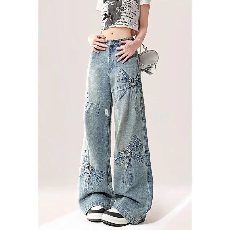 Women Blue Bow Jeans Harajuku Y2k Japanese 2000s Style Aesthetic Baggy Denim Trousers Oversize Jean Pants Vintage Trashy Clothes