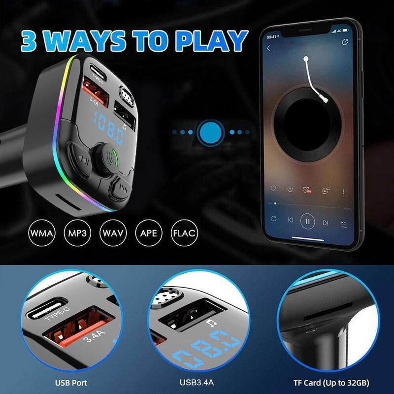 Bluetooth 5.0 Car FM Transmitter Wireless Charger PD Type C Fast Charge Dual USB Charger Ambient Light MP3 Player Handsfree