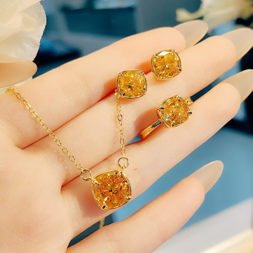 Women Jewelry Set Luxury Yellow Diamond Ice Cut Purple Cushion Pendant Necklace Square Ring Gemstone Earrings