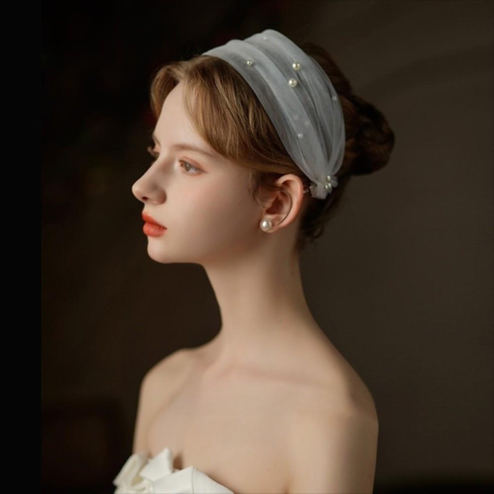Hair Ornament Brides Beaded Hairband Pearl Ribbon Pearl Headband Elegant Detachable Bridal Veil