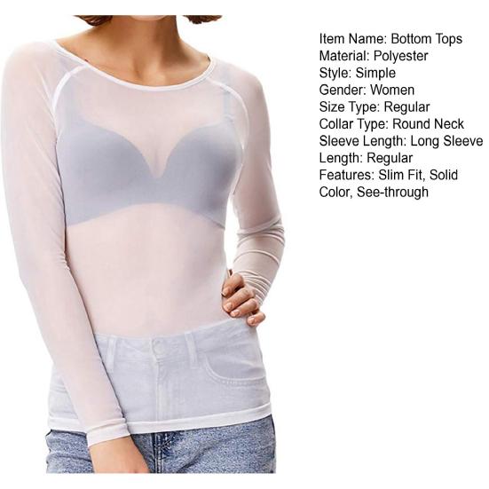 See-through Mesh Bottoming Tops Women O-Neck Long Sleeve Slim Fit Shirt Sexy Clear Sun Protection