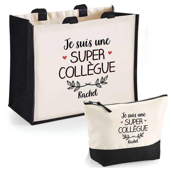 Sac cabas - PLANETEE - Rachel - Duo cabas et trousse - Jute & coton - Personnalisé «Une super Collègue»