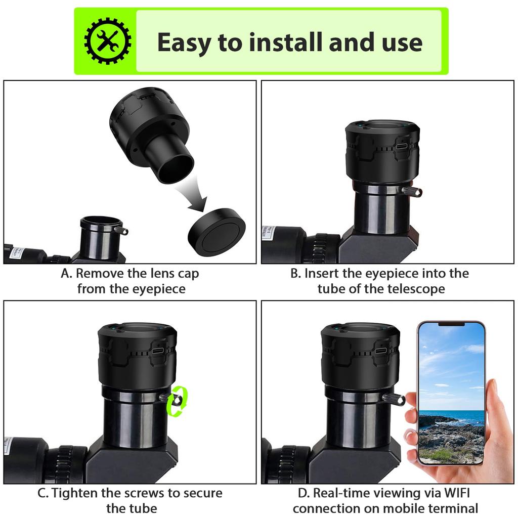 Wireless WiFi Digital Eyepiece for Telescope Camera 4K Video Recording Photo Taking Built In Battery Electronic
