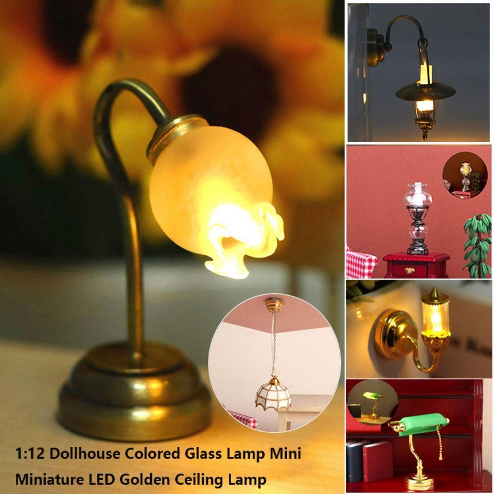 Mini Miniature LED Golden Light 1:12 Home Table Lamp Model Lighting Model Doll House Accessories