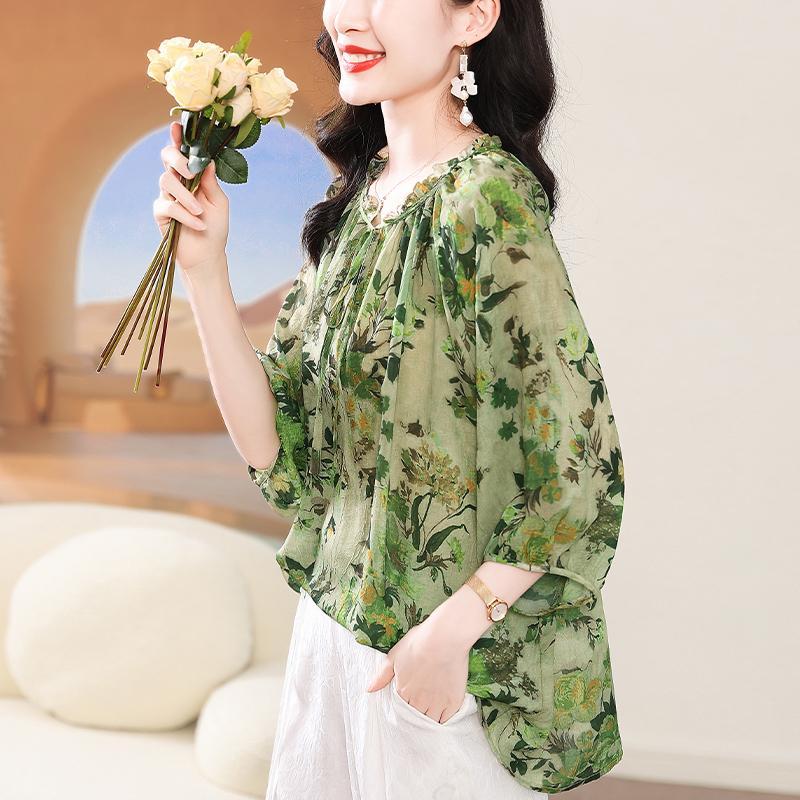Summer Women'S Elegant Floral Chiffon Shirt , Lightweight Luxurious Thin Chic Loose Blouse