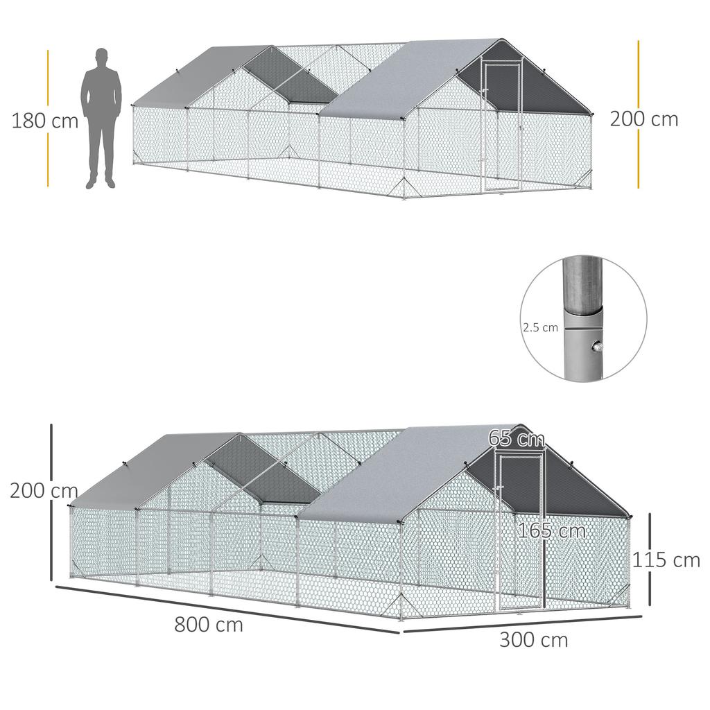 Garden Chicken Coop with Galvanized Frame, Waterproof Cover and Hexagonal Netting, 3x8x2 m, Silver