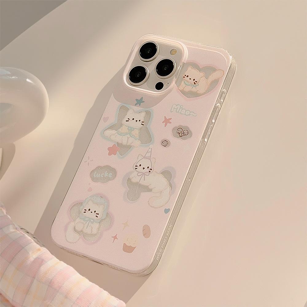 Милый Мультяшный Кот Чехол для Телефона для iPhone 17 16 15 14 13 Pro Max, Кавайный Котёнок Ударопрочный Чехол, Эстетичный Розовый Защитный Чехол для Девочек
