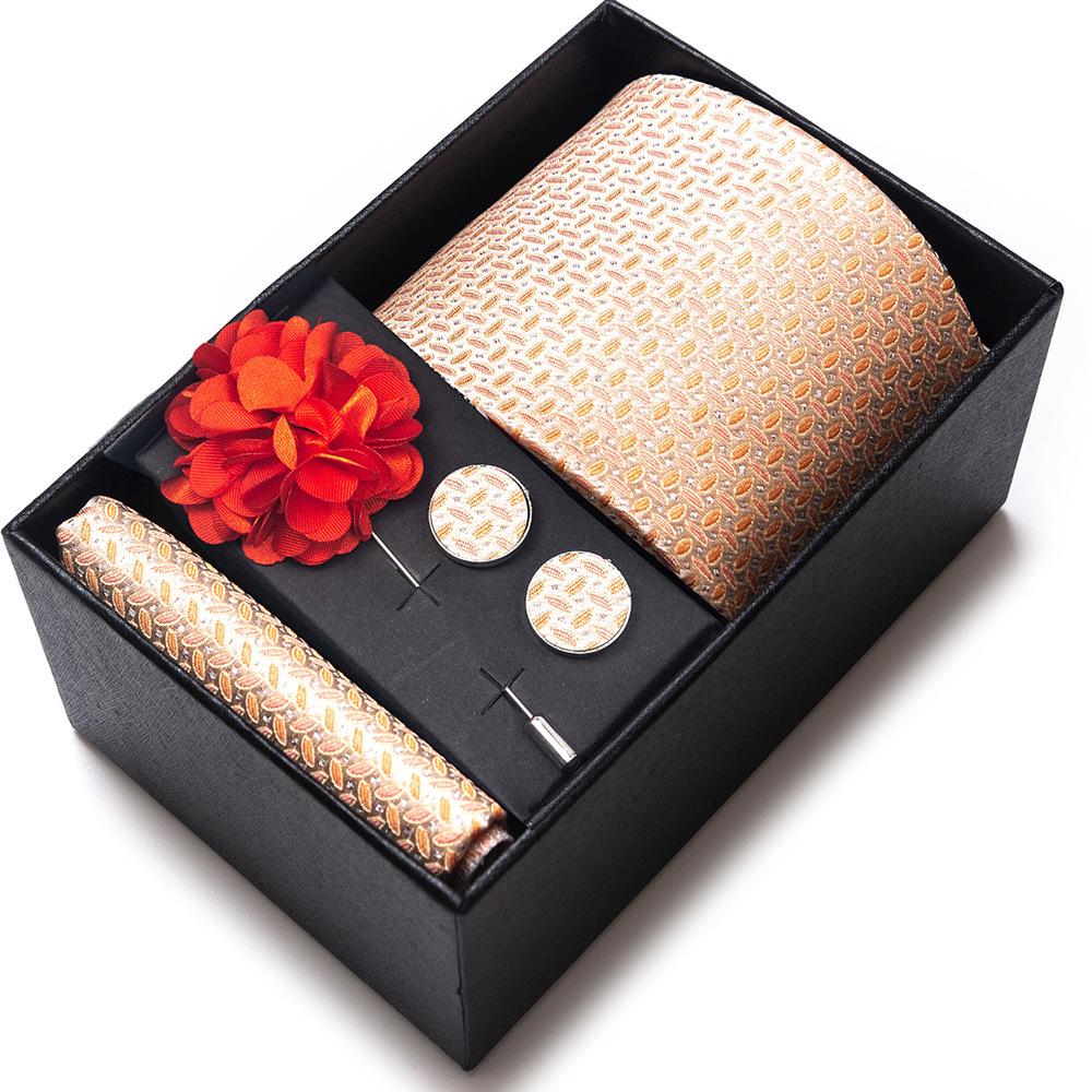 Men's Blue-Gold Stripe Tie Set: Includes Pocket Square, Cufflinks & Lapel Pin in Gift Box - Perfect for Gifts