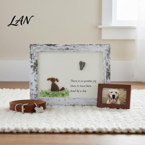 Pet Bereavement Gift Handmade Sea Glass Dog Framed Art, Memorial Picture Frame, Art Lover Sympathy Gift, Coastal Decor for Desk Wall Ornament Puppy