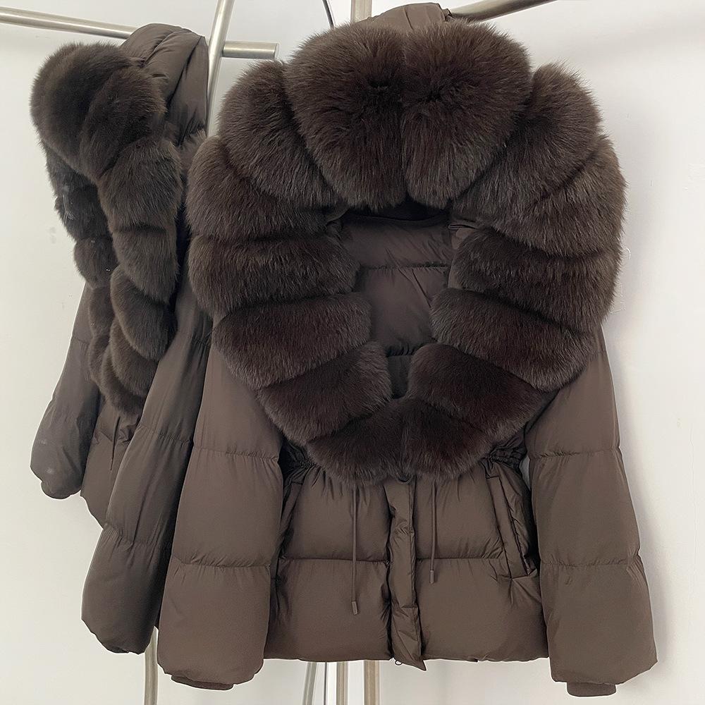 Съемный oversized воротник из лисьего меха женская короткая пуховая куртка женская зимняя новая с капюшоном на талии и тонкая меховая куртка