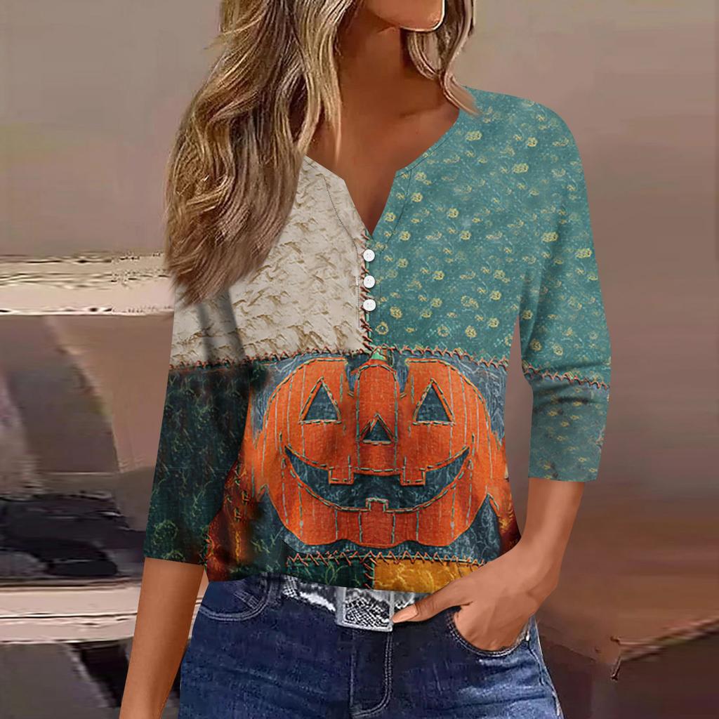 Women's Fashion Button-Up V-Neck Three-Quarter Sleeve Halloween Print Top