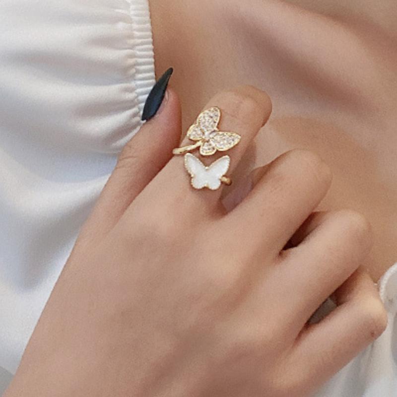 Двойные кольца-бабочки для женщин, регулируемое кольцо с открытием указательного пальца, кольцо со стразами, роскошные ювелирные изделия, аксессуары для темперамента