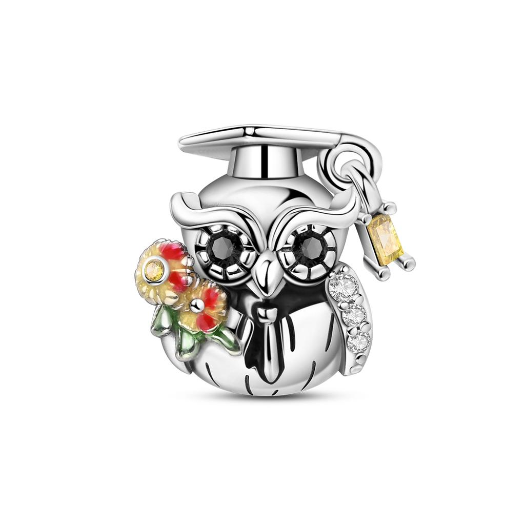 Graduation Charm Copper Mortarboard Owl Flower Beads Fit Bracelet Pendant Diy Woman Jewelry Gift
