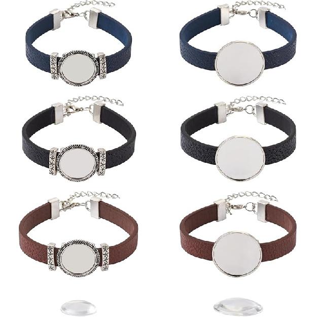 14 шт. Браслет из ПУ-кожи с безелем, заготовка для лотка, основа для браслета, 26,5 мм, регулируемый круглый лоток, наборы для браслетов со стеклянными кабошонами для DIY