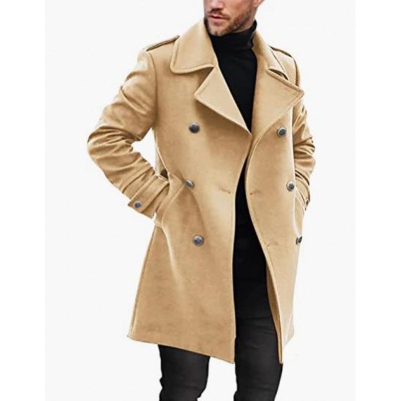Mens Mid-Length Wool Blend Coat British Style Slim Fit Double Breasted Suit Collar Winter Warm Outerwear