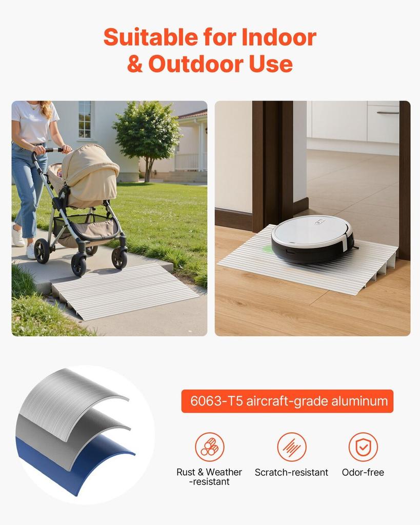 Door Threshold Ramp, 115 mm Rise, Aluminum Alloy Threshold Ramp Rated 363 kg Load Capacity, Handicap Ramps for Home Steps for Wheelchair, Scooters,