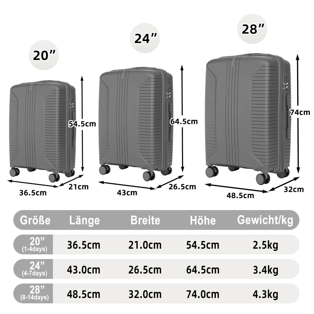 20"/24"/28" 3-Piece PP Spinner Luggage Set – Sizes with Side Handles, Hanging Hooks & Protective Feet – Integrated Combination Lock (Silver)