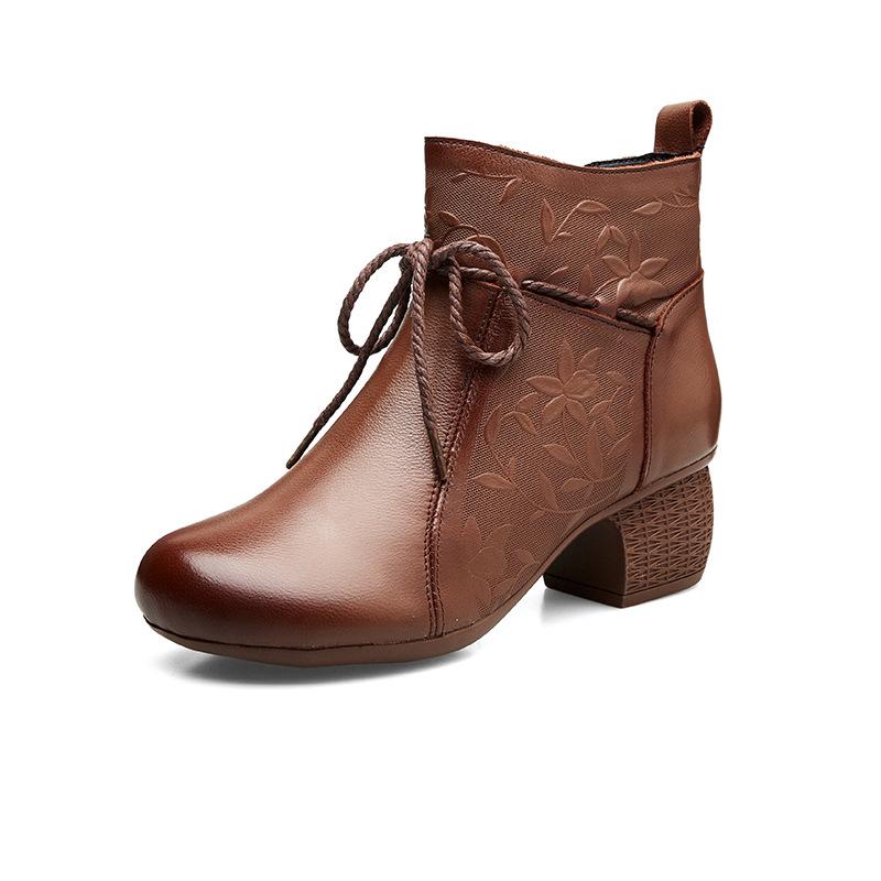 Shoes Women's Thick Heel Soft Sole Velvet Short Boots New Autumn and Winter Women's Shoes Retro First-layer Cowhide Cotton Shoes