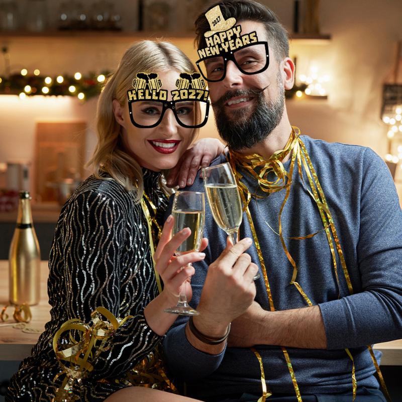 6/12/18 шт. 2027 С Новым годом Бумажные очки для вечеринки Черные с золотым глиттером Для новогодних встреч Реквизит для фотобудки
