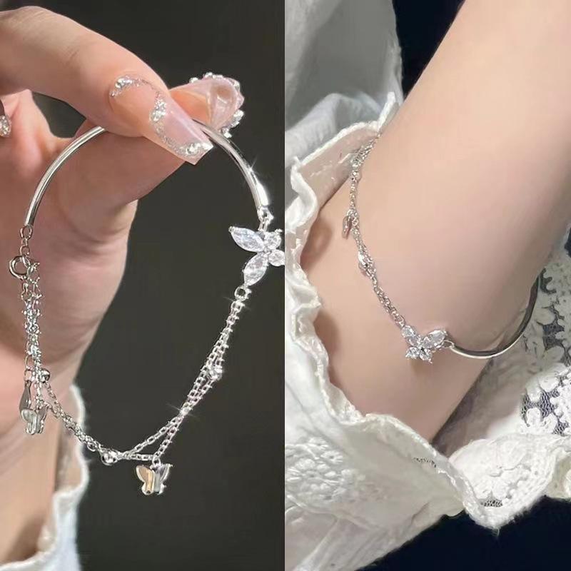 Butterfly Shiny Zircon Silver Color Bangle Light Luxury Multi-Layer Chain Bracelet For Women Hand Accessories Jewelry