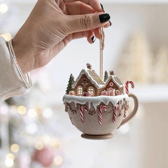2 Pcs Coffee Cup Christmas Tree Ornaments 2D Acrylic Winter Village Snow House Hot Chocolate Mug Shape Xmas Hanging Pendents for Holiday Decor