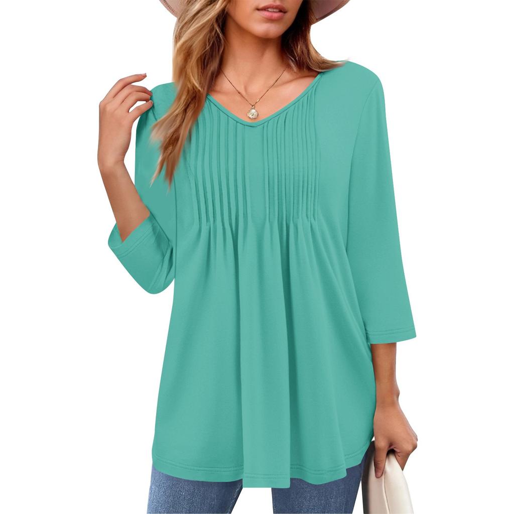 Женские топы с V-образным вырезом и рукавом три четверти в полоску, плиссированные, повседневные, летние, модные, рубашки