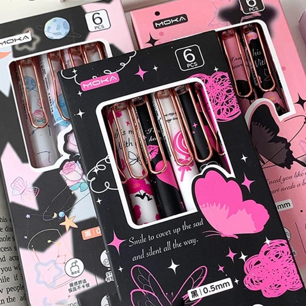 6PCS Butterfly Series 0.5mm Writing Pen Kawaii Black Ink Pen Boxed Cute Press Gel Pen  School Office