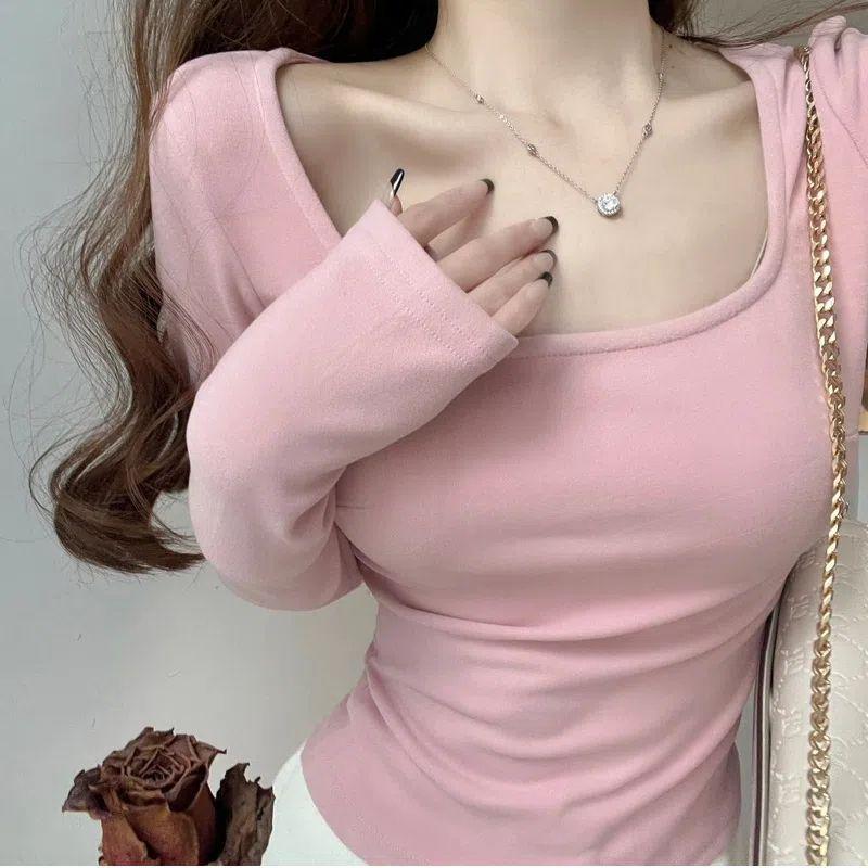 Женский велюровый топ премиум-класса с квадратным вырезом и длинными рукавами - Приталенный крой, идеально подходит для осени и зимы