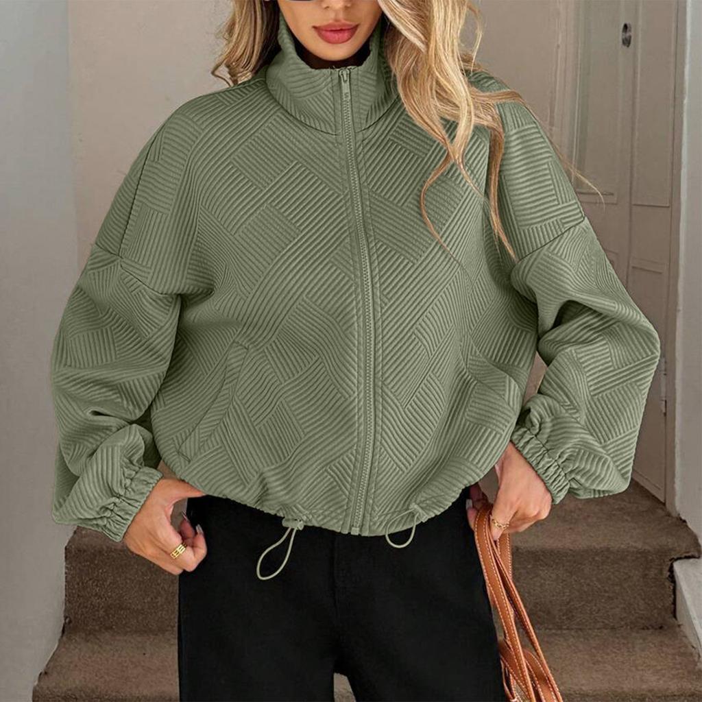 Women's Fashionable Solid Color Long Sleeved High Neck Zipper Hem Drawstring Pocket Loose Baseball Jacket