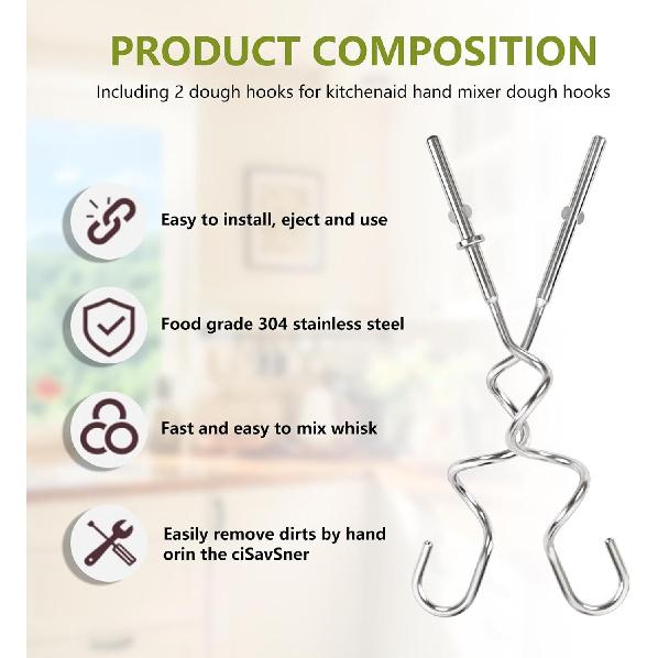 KHM512 Hand Mixer Dough Hooks Attachments Suitable for KitchenAid Hand Mixers. Stainless Steel Dough Hooks. Replacement KHM 5KSM KSM KSMO KSMH Part