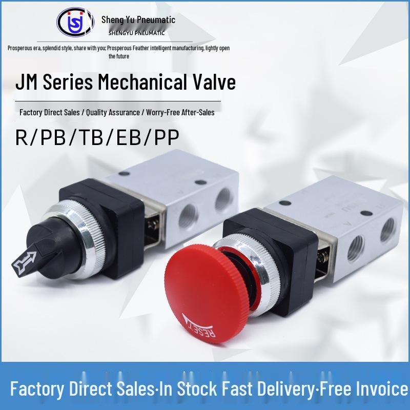 Sheng Yu JM-322PB Pneumatic Valve: 2-Position, 3-Way Button Type with JM Roller, Aluminum Alloy Construction.