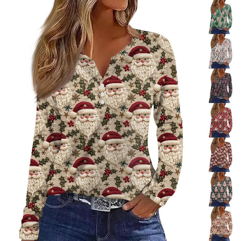 Women's Fashion Casual V-Neck Button-Up Long-Sleeve T-Shirt With Christmas Print Top