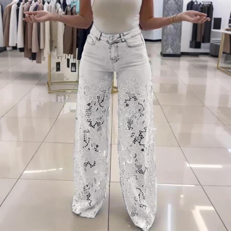 Женские повседневные джинсовые брюки однотонные прилегающего кроя с драпировкой универсальные кружевные пэчворк