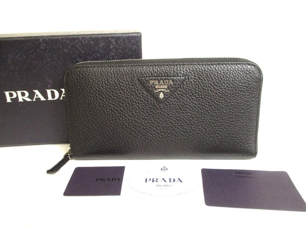 Оригинальный длинный кошелек PRADA из черной телячьей кожи с молнией по периметру #9939 Открытая коробка