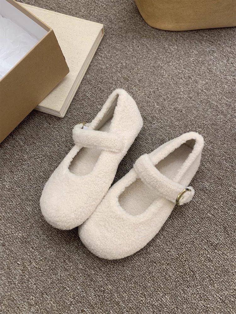 Inner Height Increase Mary Jane Wool Shoes Women's 2025 New One-pedal Lazy Shoes One-word Buckle with Lamb Wool Single Shoes