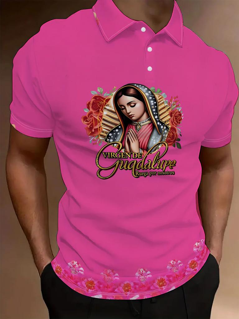 Men's Short-Sleeve Polo Shirt with Virgin Mary Print - Pink Lapel Collar Button-Front Buttoning Shirt, Full-Body Iconic Suitable for Dates, Beach