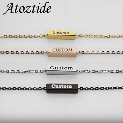 Atoztide Браслет-квадратная планка с гравировкой имени для мужчин и женщин, персонализированные ювелирные изделия из нержавеющей стали, регулируемая звеньевая цепь, семейный подарок