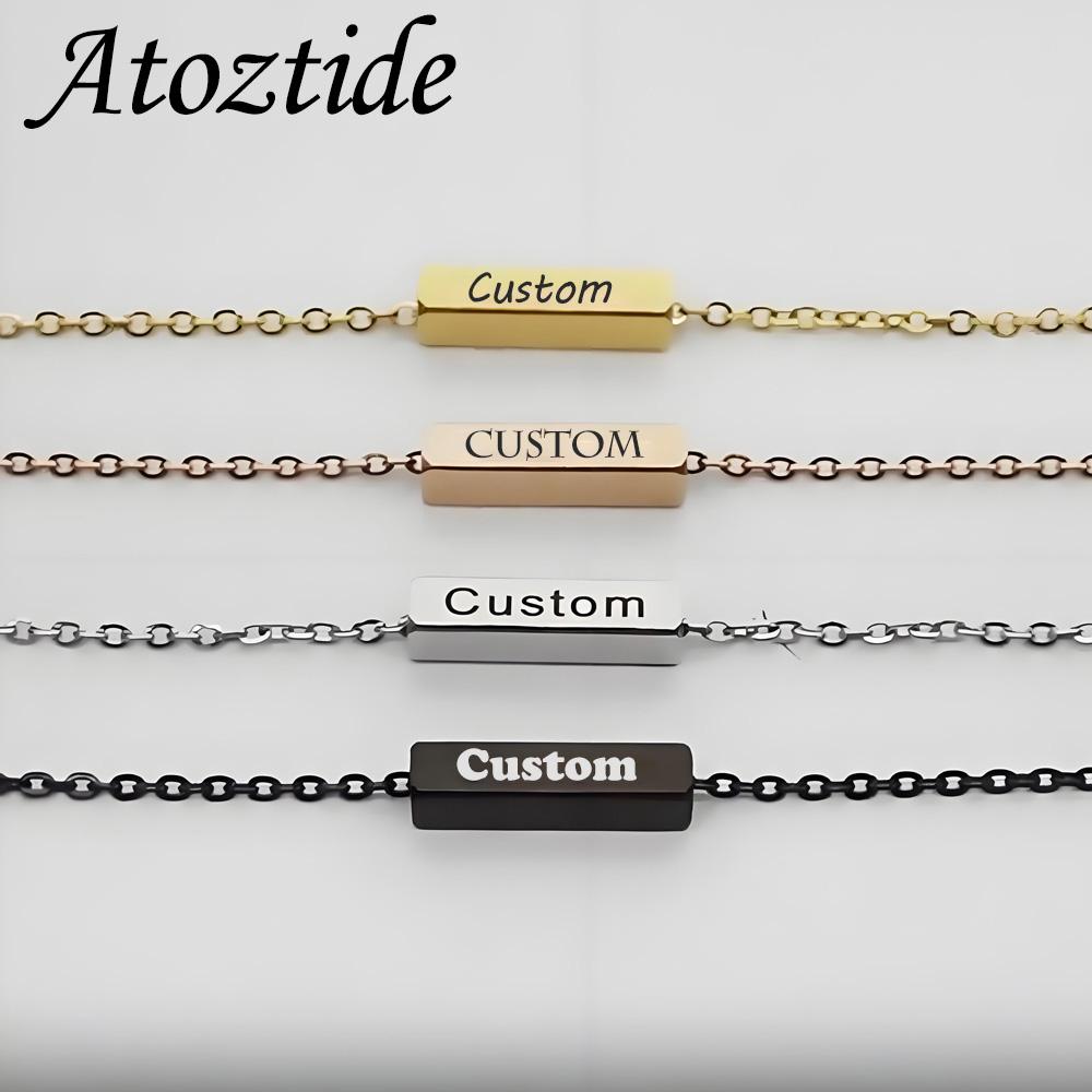 Atoztide Engrave Name Square Bar Bracelet For Men Women Personalized Stainless Steel Jewelry Adjustable Link Chain Family Gift