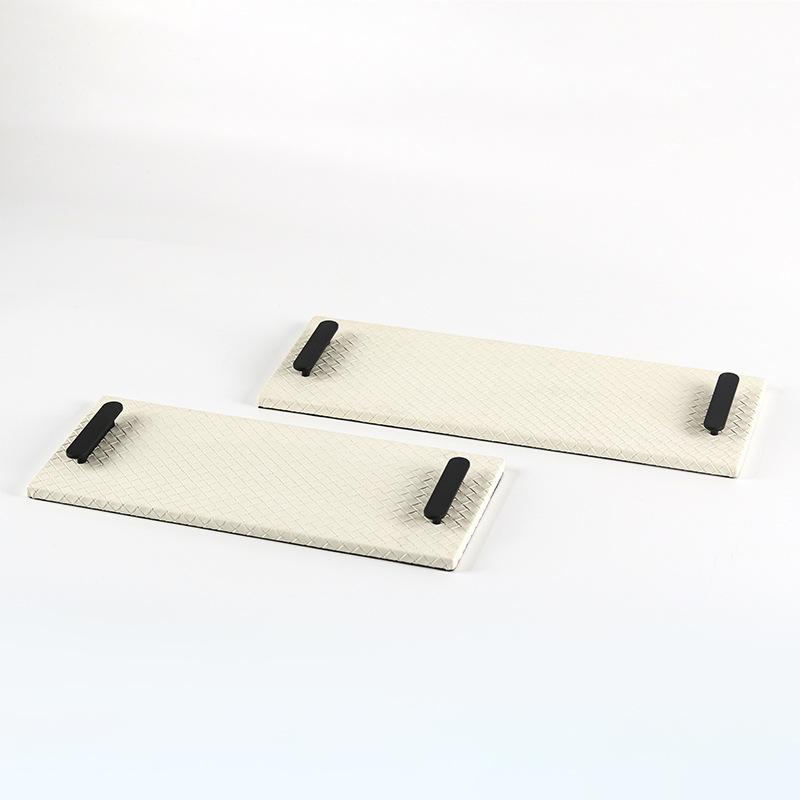 Modern Light Luxury Rectangular Woven Leather Tray Ornaments for Home Living Room and Bedroom Double Handle Storage Tray Accessories