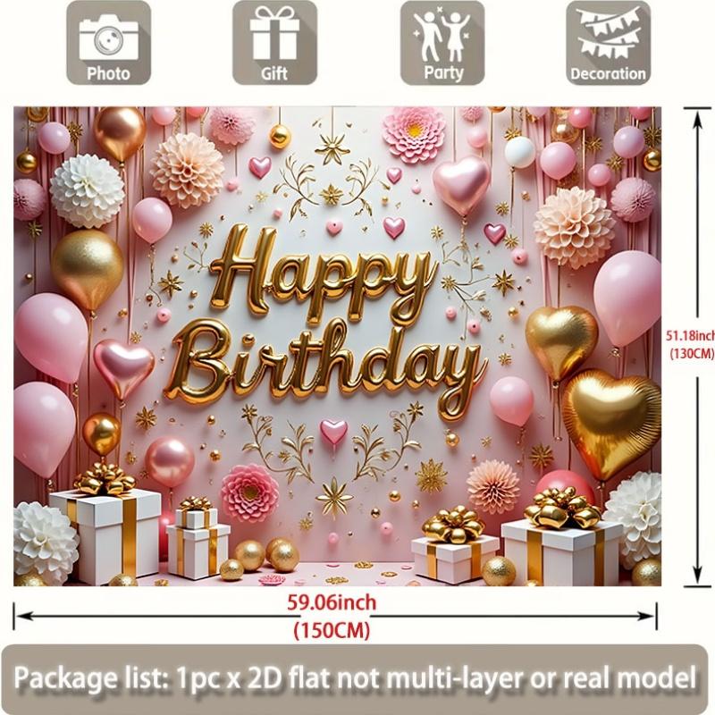 Birthday Party Backdrop Floral Gold Pink Polyester Banner Photo Booth Decoration