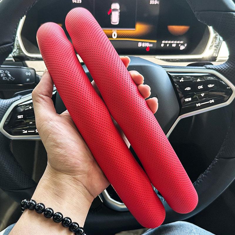 Snap-On Universal Steering Wheel Cover, D-Shape & Round Fit, Breathable Hole Non-Slip Sweat Absorbing Leather Auto Decor Parts