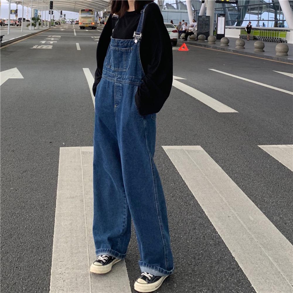 Women's Mid Rise Wide Leg Denim Overalls Loose Fit Simple Commuter Jumpsuit
